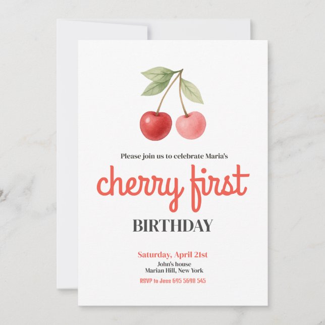 Cherry First 1st Girl Birthday Party Invitation (Front)