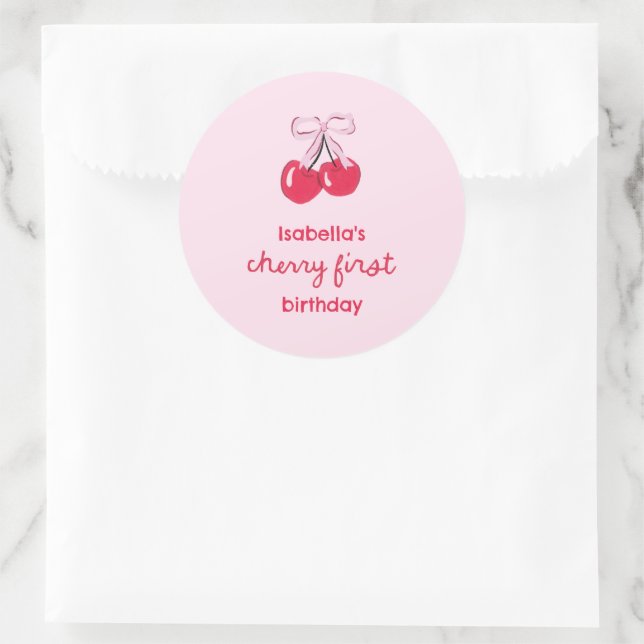 Cherry First Birthday Coquette Bow Favour Classic Round Sticker (Bag)