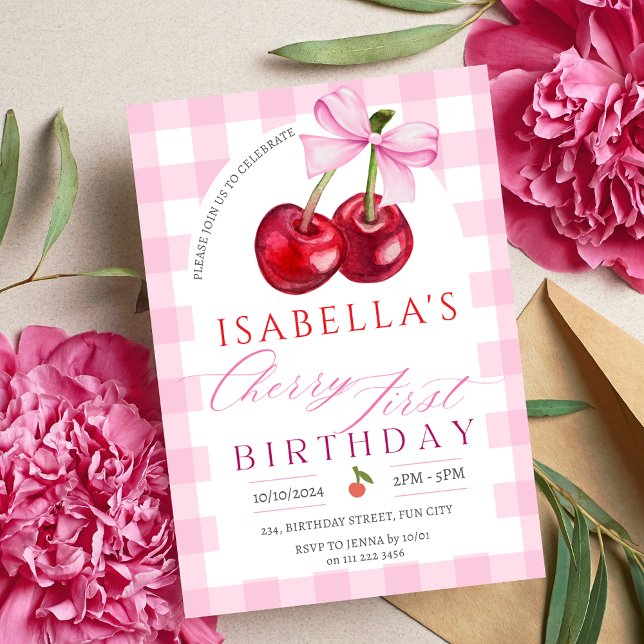 Cherry First Birthday Girl 1st Fruit Bow Birthday Invitation (Cherry First Birthday Girl 1st Fruit Bow Birthday Invitation)