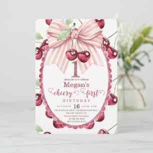 Cherry First Birthday Party Bow 1st Birthday Invitation