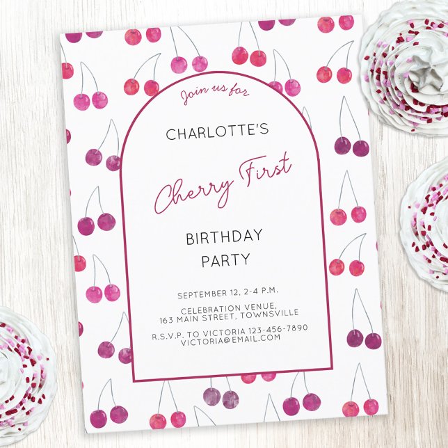 Cherry First Birthday Party Invitation (Watercolor cherries Cherry First birthday party invitations with custom text)