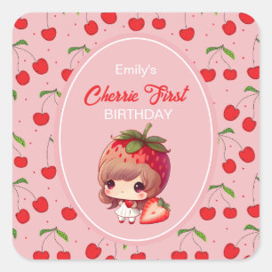 CHERRY First Birthday Party Invitation Square Sticker