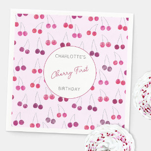 Cherry First Birthday Personalized Watercolor Pink Napkin