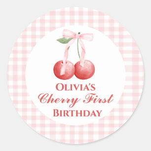 Cherry first birthday Pink Bow Gingham Classic Round Sticker