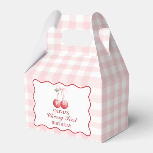 Cherry First birthday Pink Bow Gingham Favor Box (Front Side)