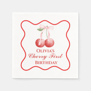 Cherry first birthday Pink Bow Gingham Napkin