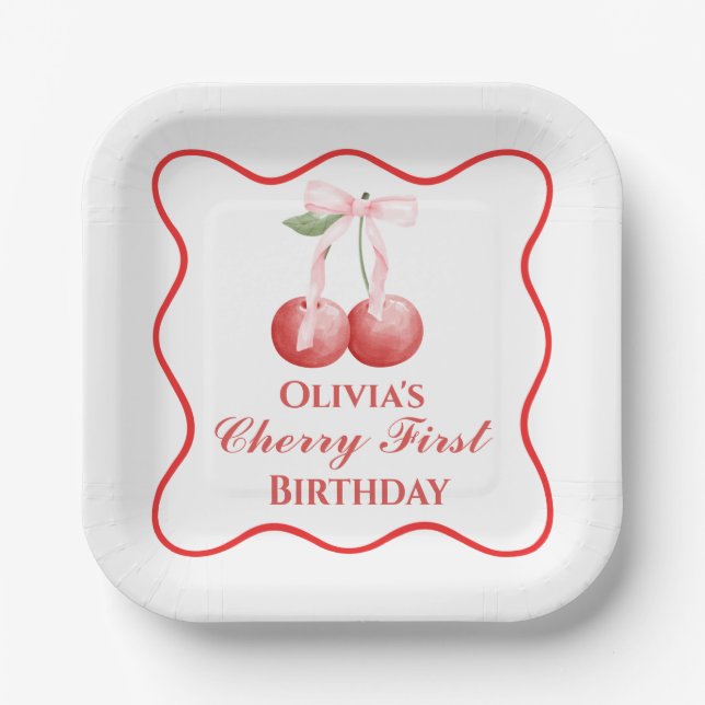 Cherry first birthday Pink Bow Gingham Paper Plate (Front)
