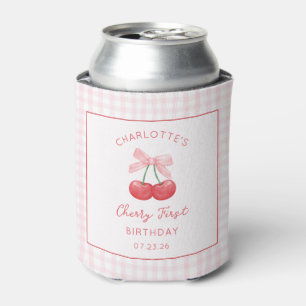 Cherry First Birthday Pink Gingham Girls One Year  Can Cooler