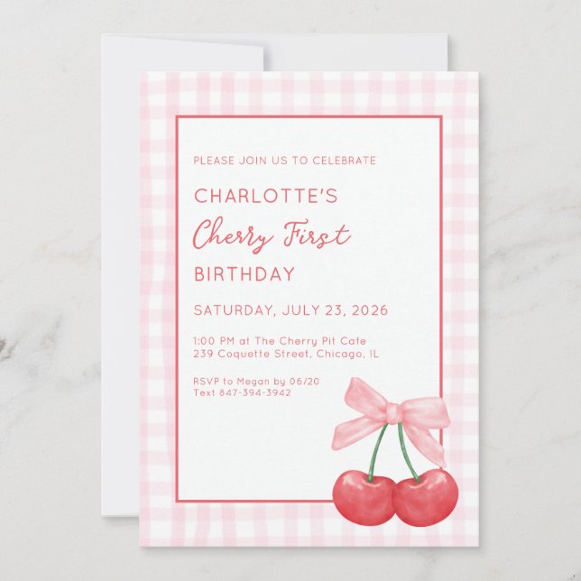 Cherry First Birthday Pink Gingham Girls One Year  Invitation (Front)