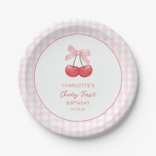 Cherry First Birthday Pink Gingham Girls One Year  Paper Plate