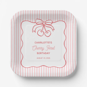 "Cherry First" Birthday Pink Stripe Bow Girly Paper Plate