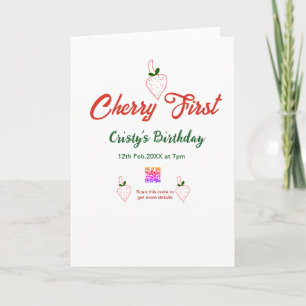 cherry first birthday red qr code bold retro green card