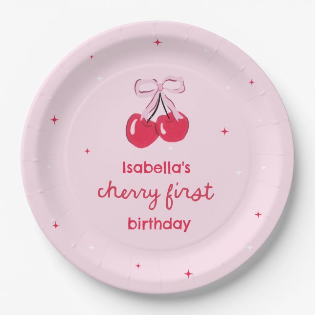 Cherry First Birthday with Pink Preppy Bow Paper Plate (Front)