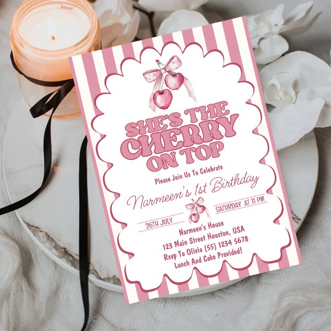 Cherry First Coquette Girls 1st Birthday  Invitation (Creator Uploaded)