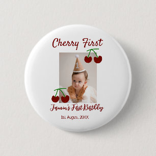 Cherry first happy birthday photo kids modern red 2 inch round button