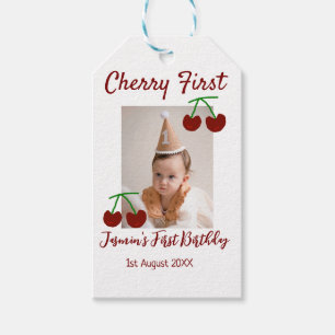 Cherry first happy birthday photo kids modern red gift tags