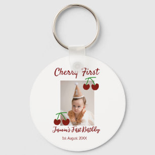 Cherry first happy birthday photo kids modern red keychain