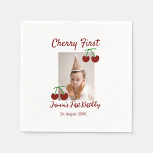 Cherry first happy birthday photo kids modern red napkin