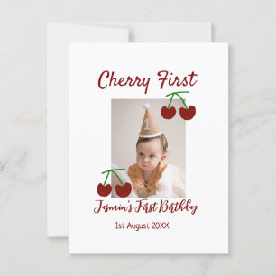 Cherry first happy birthday photo kids modern red postcard