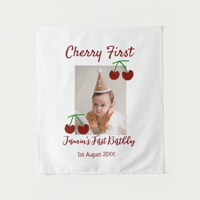 Cherry first happy birthday photo kids modern red tapestry (Front)