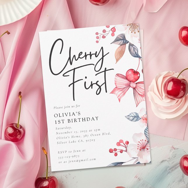Cherry First Pink Bow Coquette 1st Birthday Invitation (Creator Uploaded)