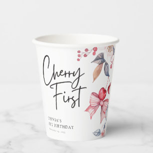 Cherry First Pink Bow Coquette 1st Birthday Paper Cups