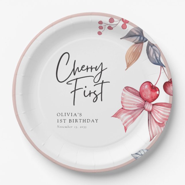 Cherry First Pink Bow Coquette 1st Birthday Paper Plate (Front)
