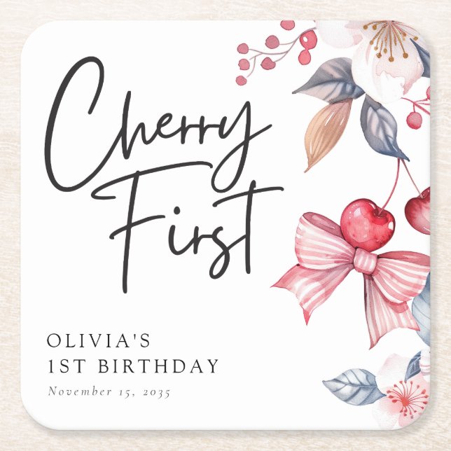 Cherry First Pink Bow Coquette 1st Birthday Square Paper Coaster (Front)