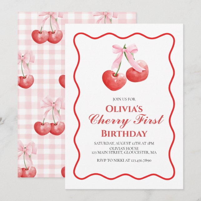 Cherry First Pink Bow preppy 1st birthday Invitation (Front/Back)