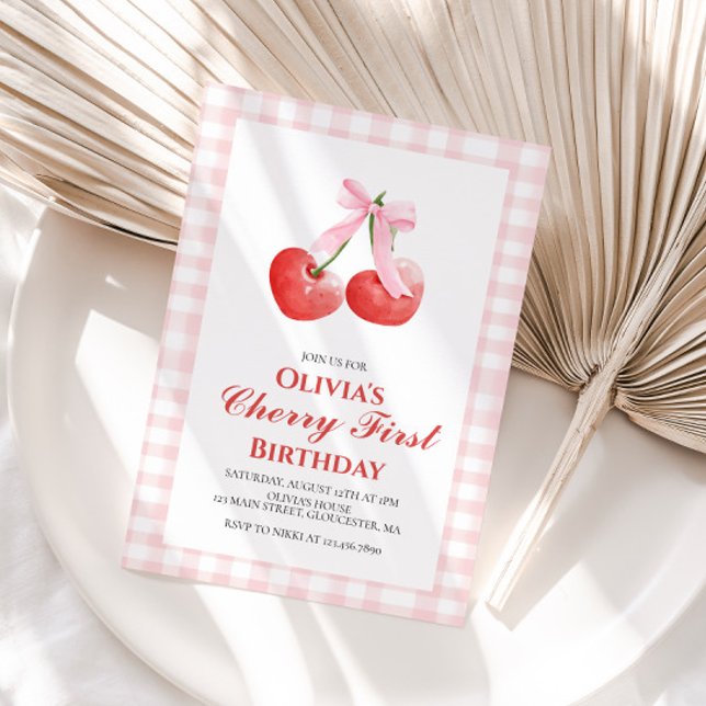 Cherry First Pink Bow preppy 1st birthday Invitation (Creator Uploaded)
