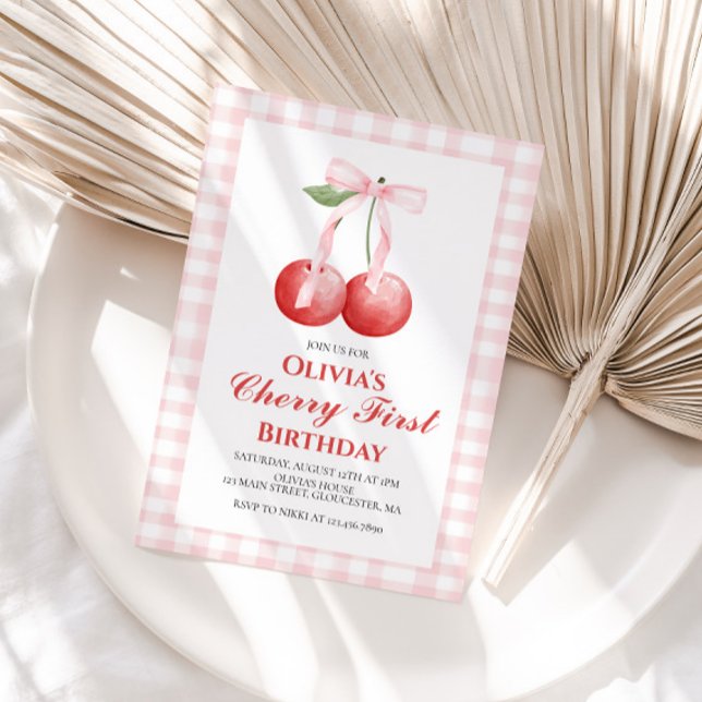 Cherry First Pink Bow preppy 1st birthday Invitation (Creator Uploaded)