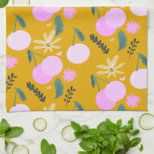 Cherry Floral Greenery Pattern Yellow Pink  Kitchen Towel