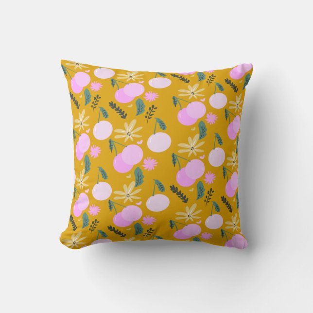 Cherry Floral Greenery Pattern Yellow Pink    Throw Pillow (Front)