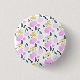 Cherry Floral Greenery Yellow Pink Hearts Pattern 1 Inch Round Button