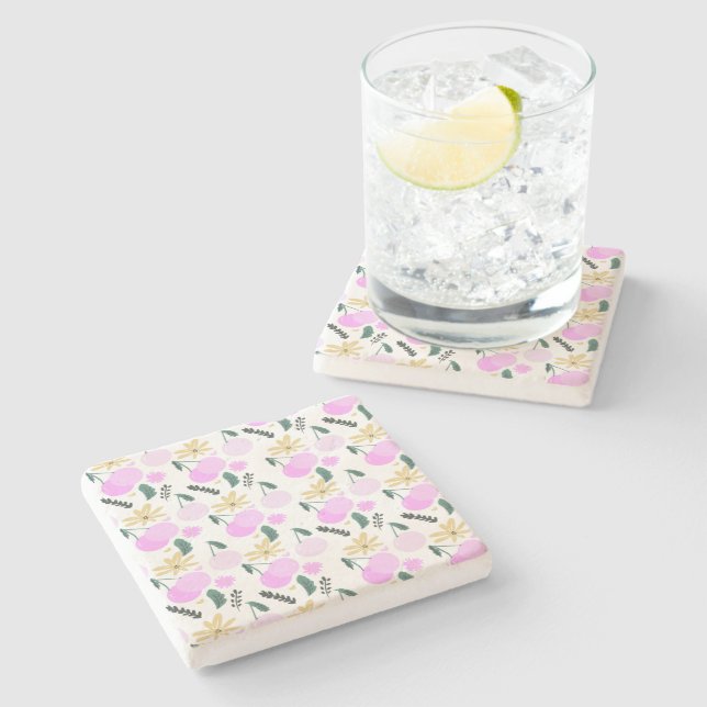 Cherry Floral Greenery Yellow Pink Hearts Pattern Stone Coaster (Side)