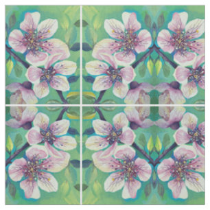 Cherry Flowers Blossom Handpainted Watercolor Fabric
