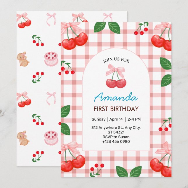 Cherry Fruit 1er Anniversaire Fête Invitation (Devant / Derrière)