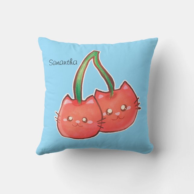 Cherry Fruit Cats Throw Pillow (Back)
