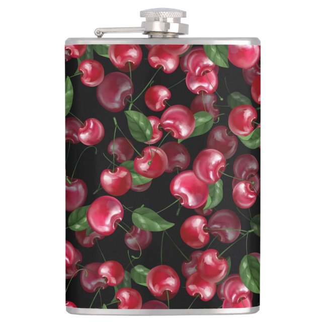 Cherry Fruit on black Hip Flask (Front)