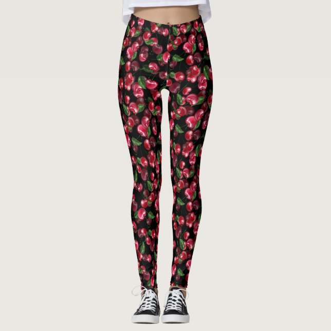 Cherry Fruit on black Leggings (Front)