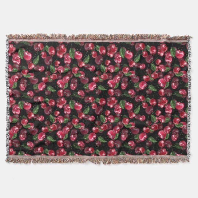 Cherry Fruit on black Throw Blanket (Front)