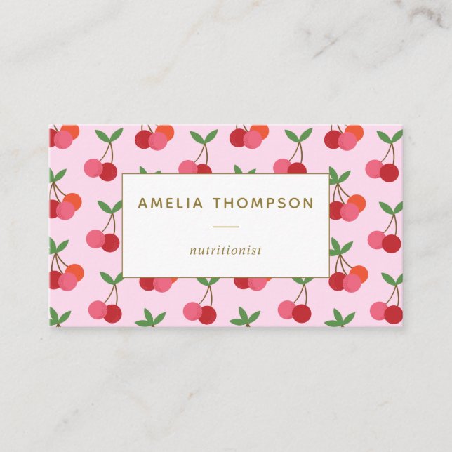 Cherry Fruit Pattern in Pink and Red Personalized Business Card (Front)