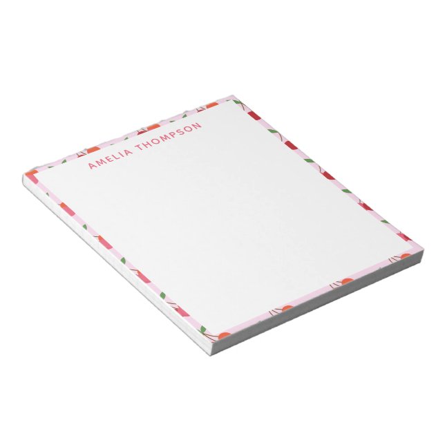 Cherry Fruit Pattern in Pink and Red Personalized Notepad (Angled)