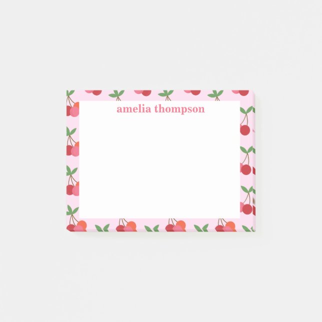 Cherry Fruit Pattern in Pink and Red Personalized Post-it Notes (Front)