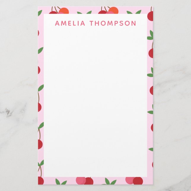 Cherry Fruit Pattern in Pink and Red Personalized Stationery (Front)