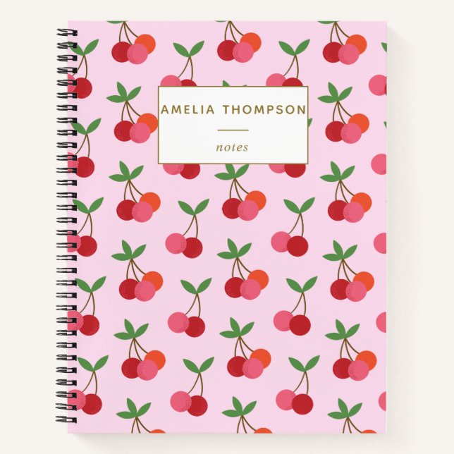 Cherry Fruit Pattern Retro Red Pink Personalized Notebook (Front)