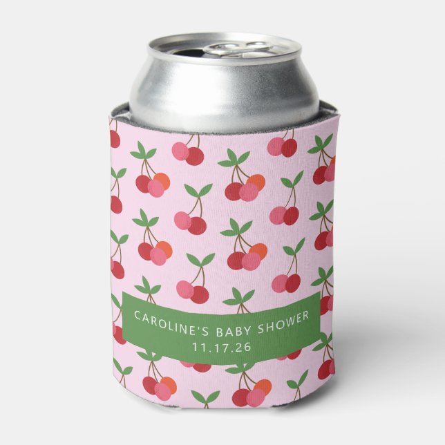 Cherry Fruit Pink Green Cute Custom Baby Shower Can Cooler (Can Front)