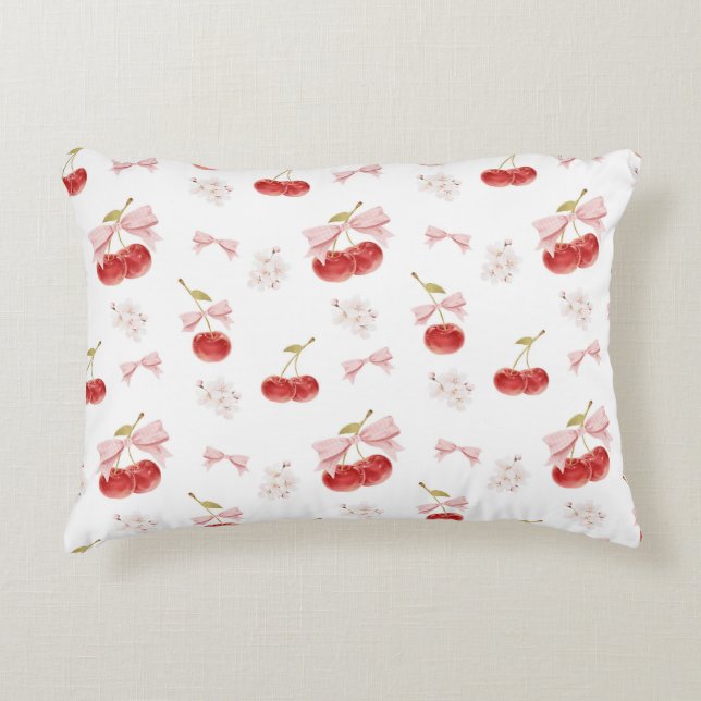 Cherry girl room decor, Pink Coquette Bow Cherry Accent Pillow (Front)