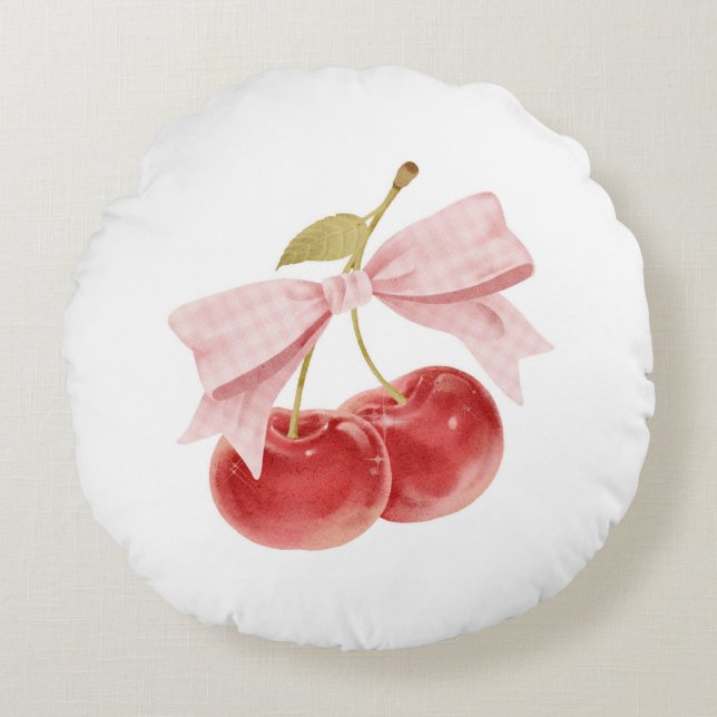 Cherry girl room decor, Pink Coquette Bow Cherry Round Pillow (Front)