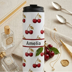Cherry & Golden Leaves Custom Name Design Gift Thermal Tumbler